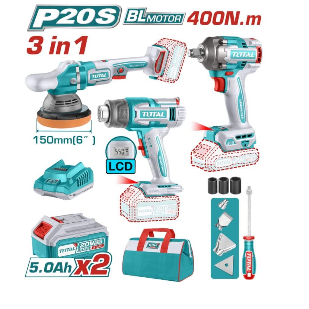 COMBO 3 EN 1 LLAVE DE IMPACTO 400NM + PISTOLA DE CALOR + PULIDORA 2X5.0AH BR – TOSLI240863