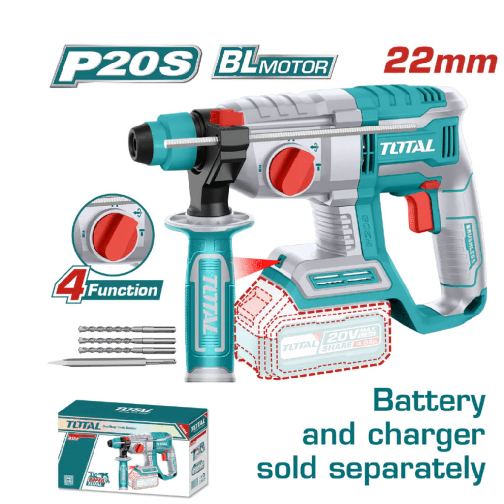 ROTOMARTILLO SDS+ 22MM  20V 2.0J 0-5400BPM BRUSHLESS 4FUNC INDUSTRIAL NO INCLUYE BATERIA Y CARGADOR TOTAL – TRHLI20208