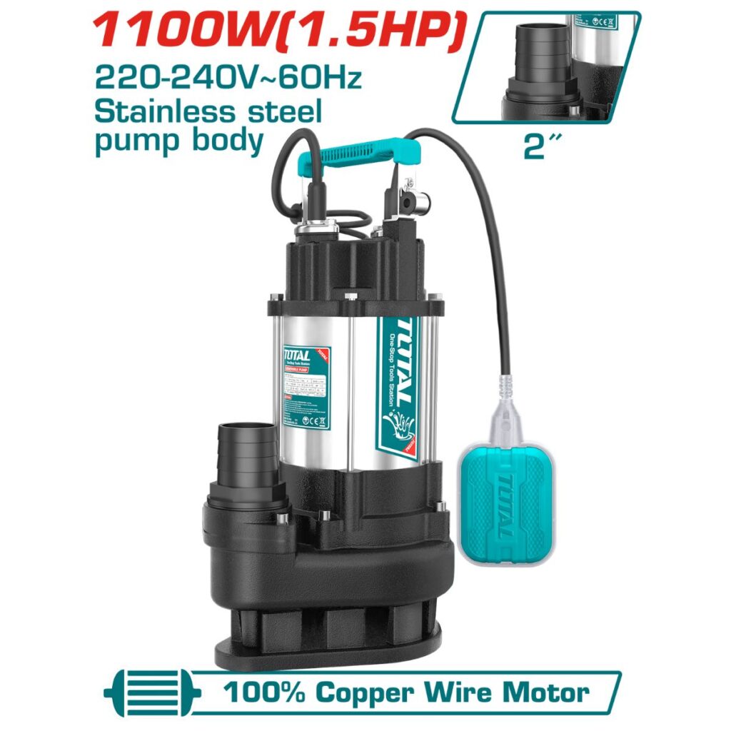 BOMBA DE AGUA SUMERGIBLE PARA AGUA RESIDUAL Y DRENAJE 2″ 1.5HP ALT. 15M 1100W  ACERO INOXIDABLE  – TWP7110016-5