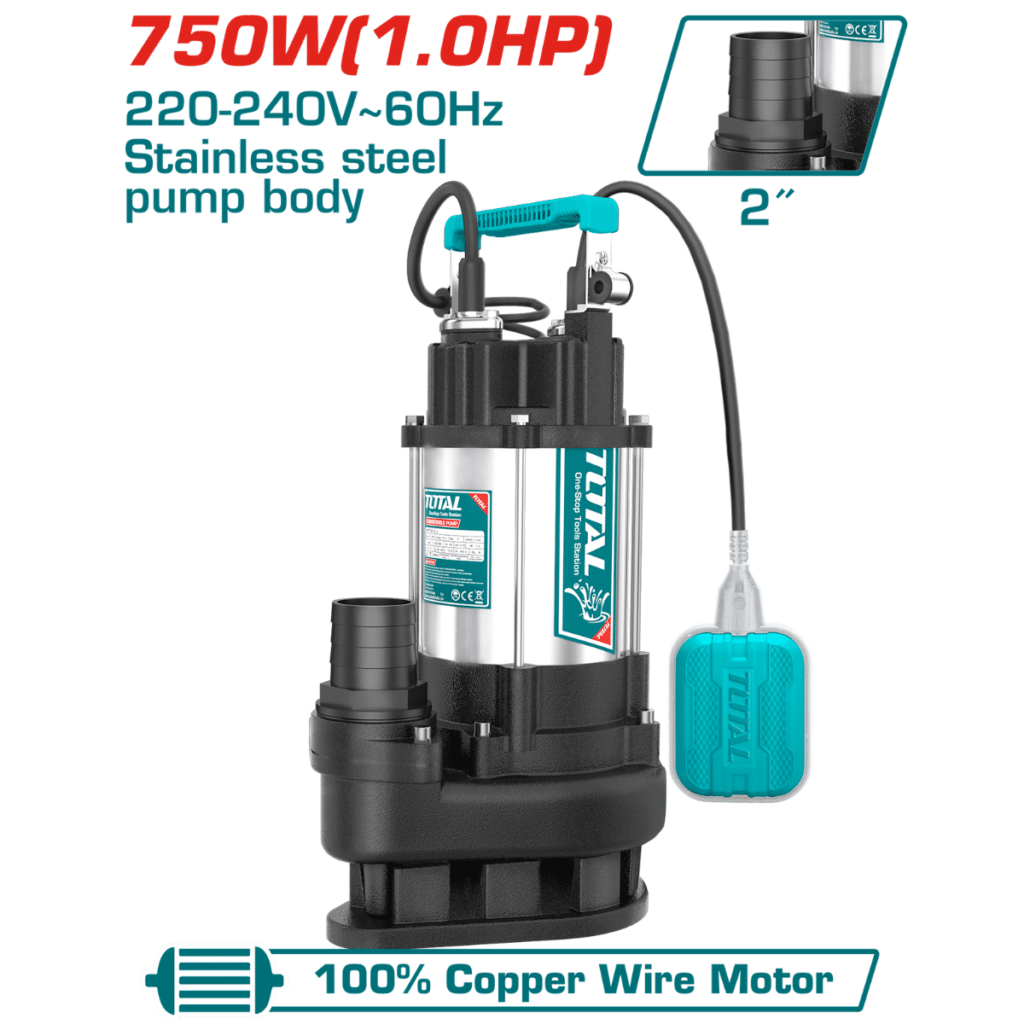 BOMBA DE AGUA SUMERGIBLE PARA AGUA RESIDUAL Y DRENAJE 2″ 1.0HP ALT. 13M 750W  ACERO INOXIDABLE – TWP775016-5