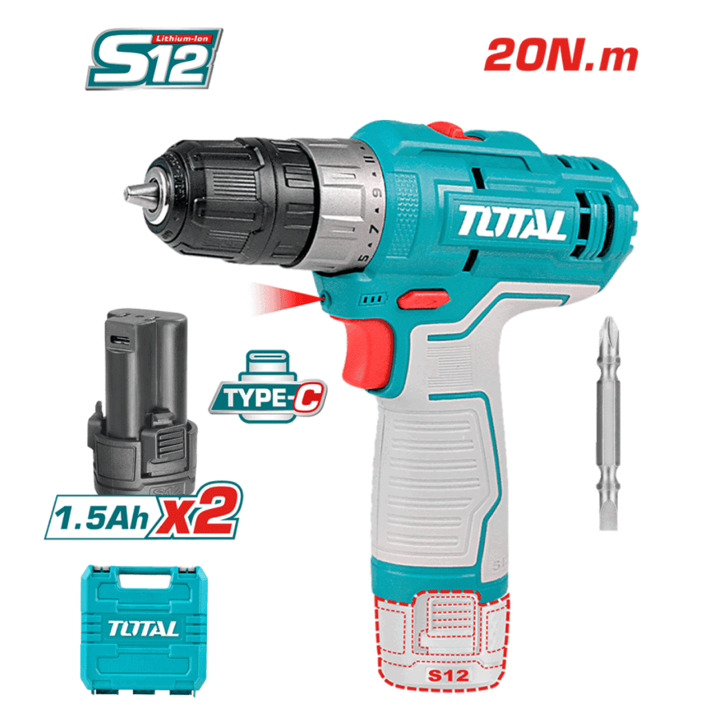 TALADRO PERCUTOR 12V S12 20NM 22500BPM 0.8-10MM 2X1.5AH TIPO C S/CARGADOR M/PLASTICO TOTAL- TIDLI12328