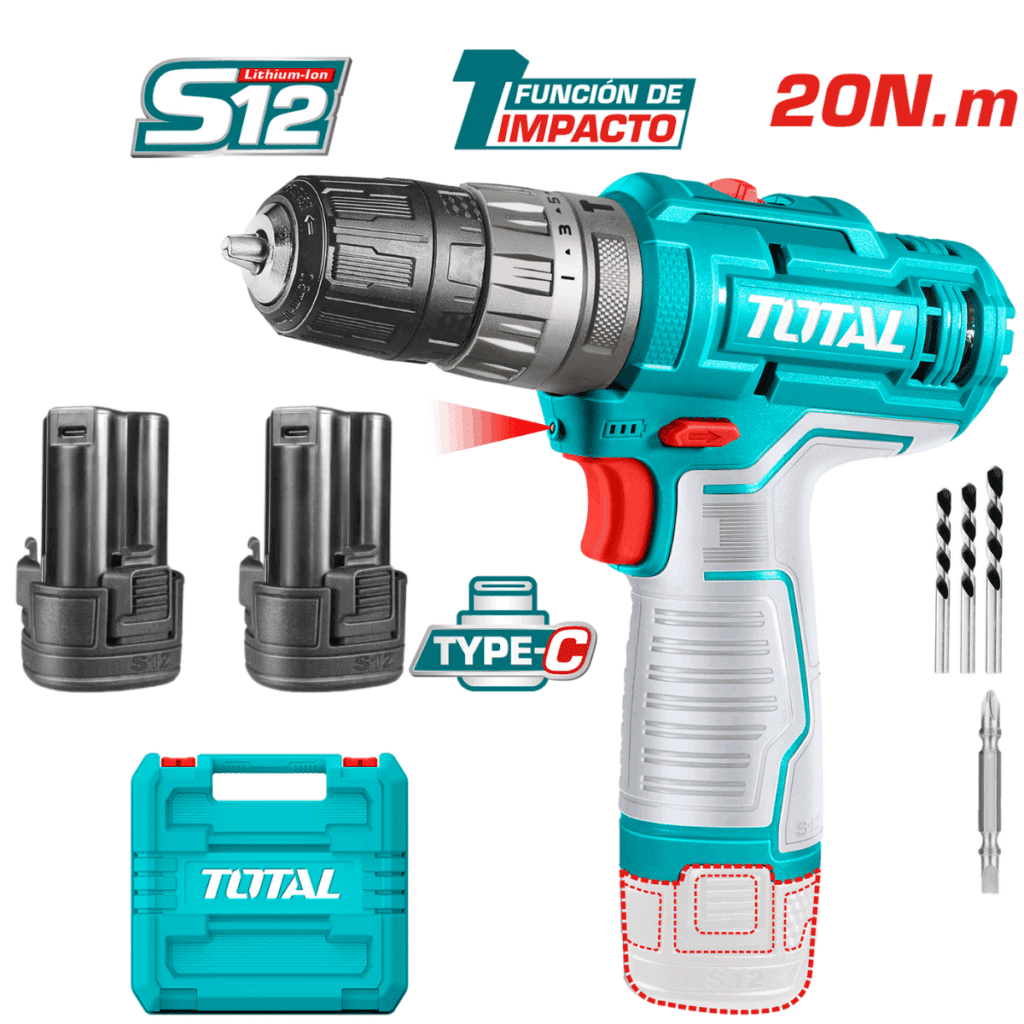 TALADRO PERCUTOR 12V S12 20NM 22500BPM 0.8-10MM 2X1.5AH TIPO C S/CARGADOR M/PLASTICO TOTAL -TIDLI12202