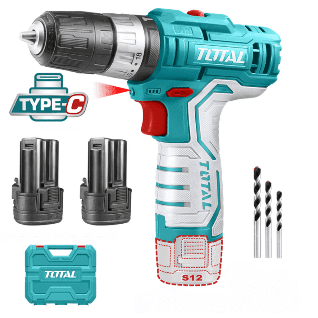 TALADRO PERCUTOR 12V S12 20NM 22500BPM 0.8-10MM 2X1.5AH TIPO C S/CARGADOR M/PLASTICO TOTAL- TIDLI12328