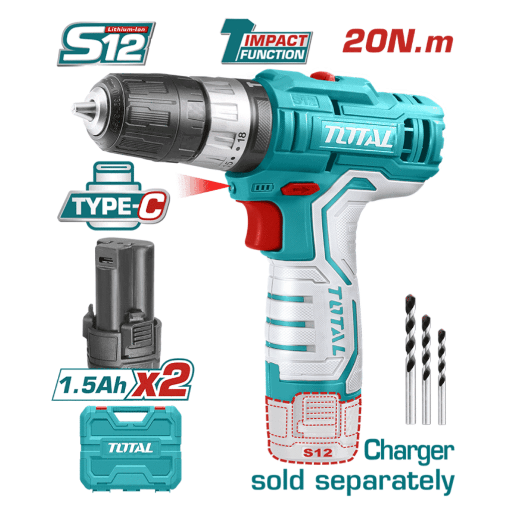 TALADRO PERCUTOR 12V S12 20NM 22500BPM 0.8-10MM 2X1.5AH TIPO C S/CARGADOR M/PLASTICO TOTAL- TIDLI12328