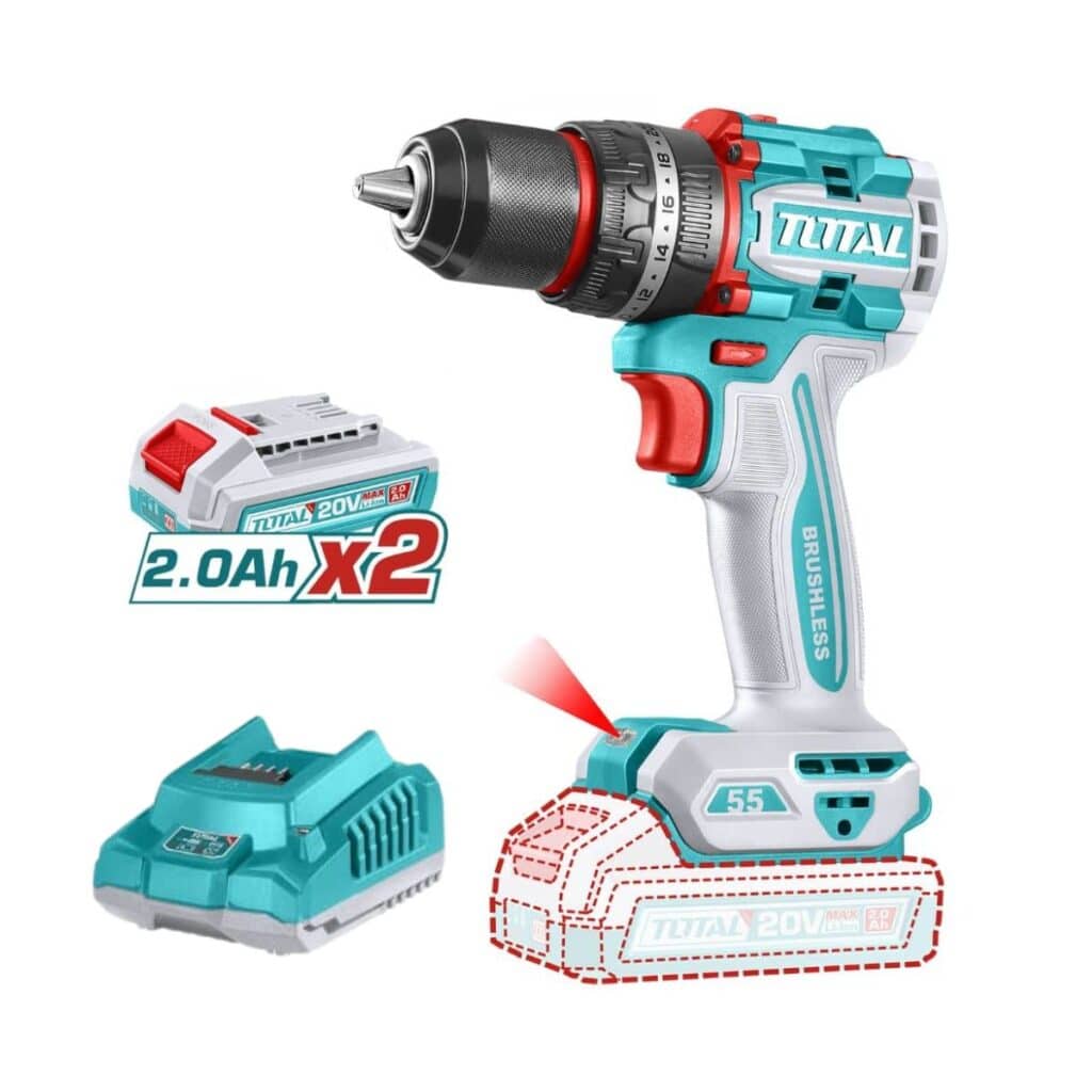 TALADRO PERCUTOR 55NM COMPACTO BRUSHLESS LI-ION 20V 13MM  INDUSTRIAL  TOTAL- TIDLI20558