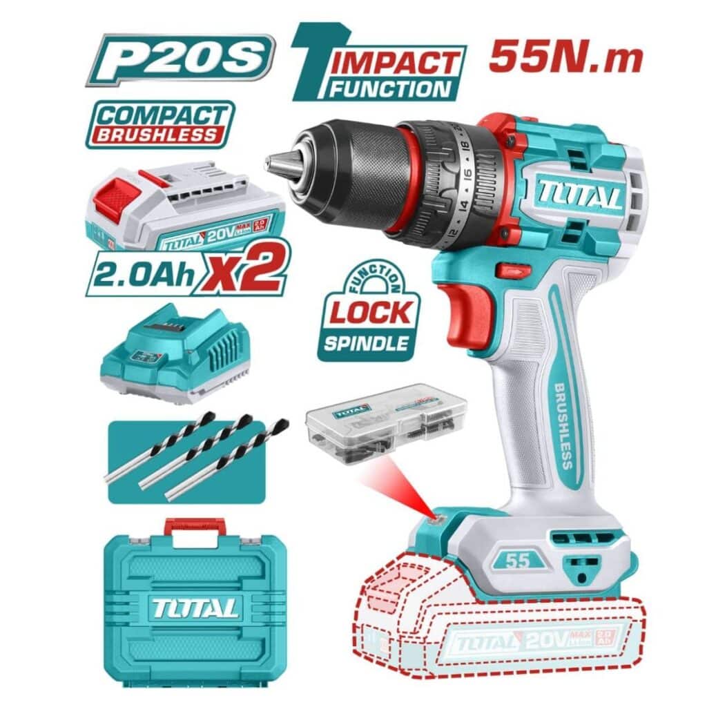 TALADRO PERCUTOR 55NM COMPACTO BRUSHLESS LI-ION 20V 13MM  INDUSTRIAL  TOTAL- TIDLI20558