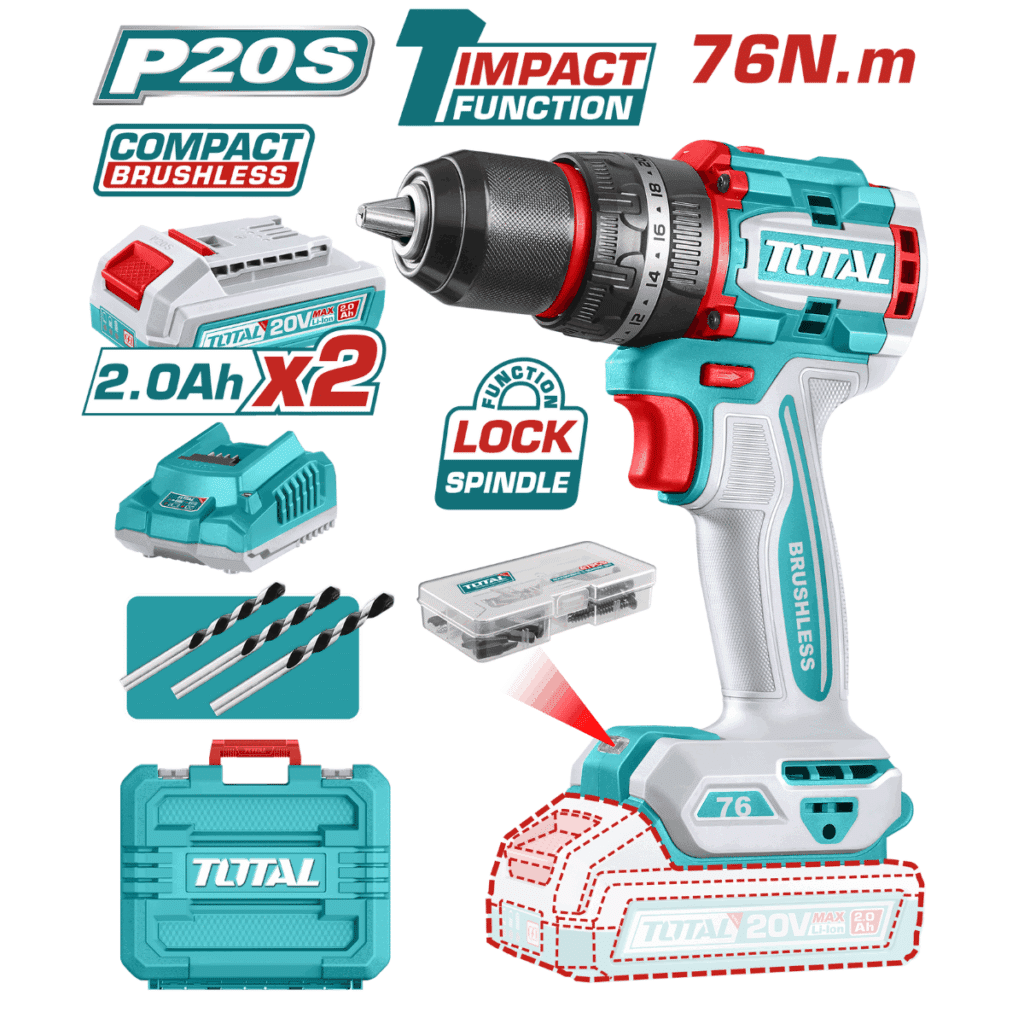 TALADRO PERCUTOR COMPACTO 76NM LI-ION 20V 13MM 2X2.0AH BRUSHLESS MALETA  TOTAL- TIDLI20768