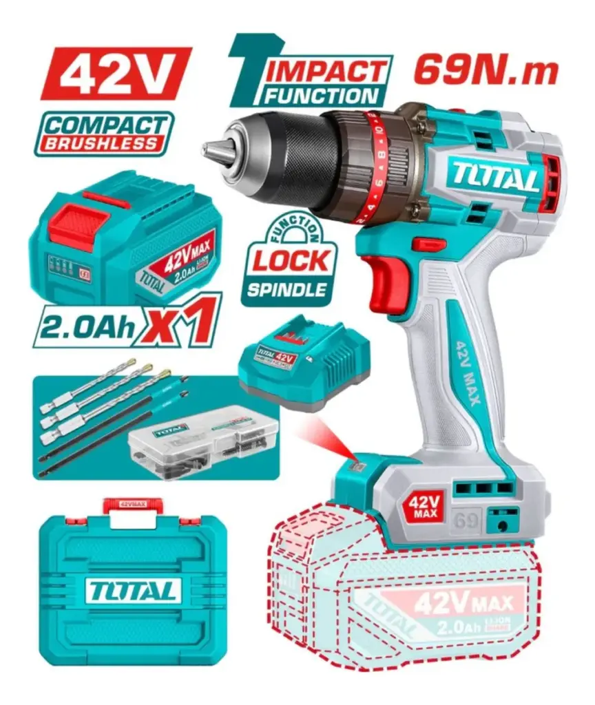 TALADRO PERCUTOR 42V 69NM 13MM 1X2.0AH BRUSHLESS +ACC MALETIN INDUST – TIDLI426981