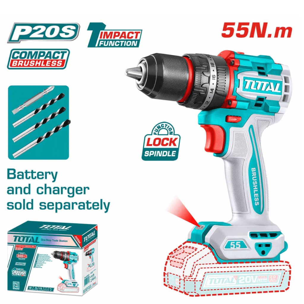 TALADRO PERCUTOR COMPACTO 55NM LI-ION 20V 13MM BRUSHLESS INDUSTRIAL  TOTAL- TIDLI205581