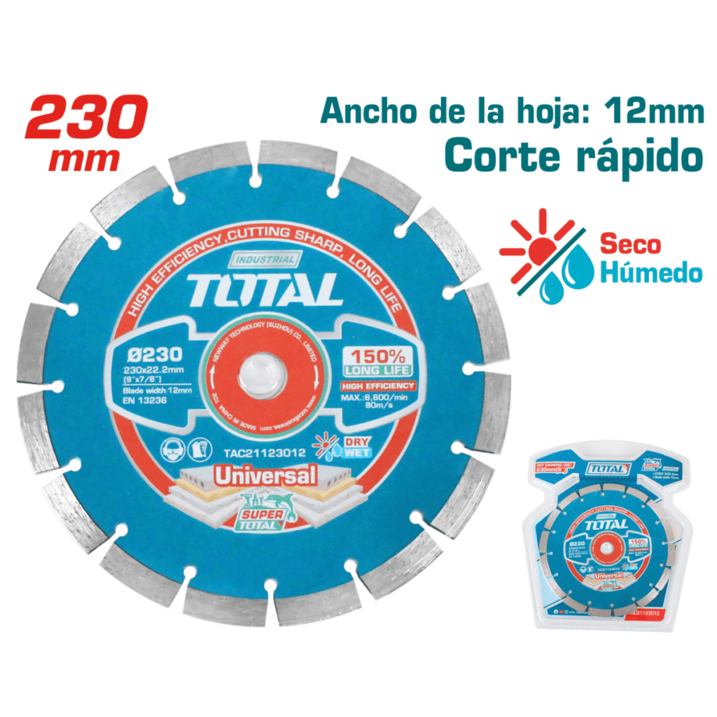 DISCO DIAMANTADO SEGMENTADO 9″ 12MM HUMEDO SECO INDUSTRIAL  TOTAL- TAC21123012