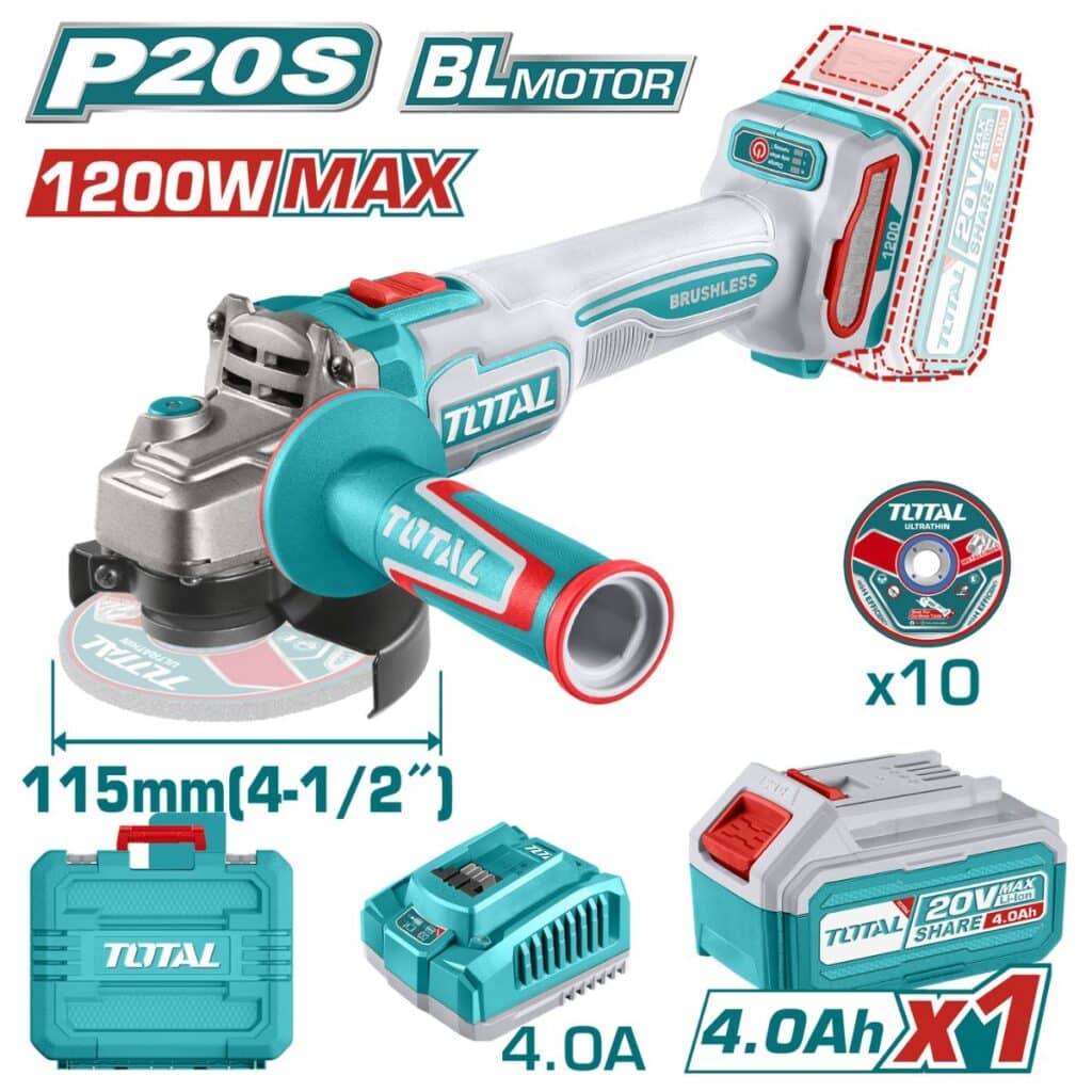 AMOLADORA 4.5″ 1200W.MAX 20V BRUSHLESS 3000-9000RPM 115MM M14 1X4.0AH IN – TAGLI2211531