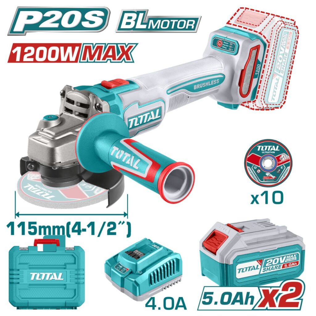 AMOLADORA 4.5″ 1200W.MAX 20V BRUSHLESS 3000-9000RPM 115MM M14  2X5.0AH IN – TAGLI2211532