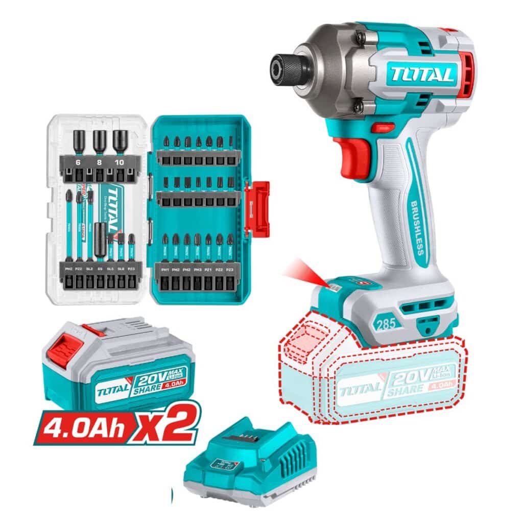 COMBO 2 EN 1 ATORNILLADOR DE IMPACTO 285N.M  P20S+ SET DE PUNTAS 31PCS 2X4.0AH INDUSTRIAL – TOSLI240966