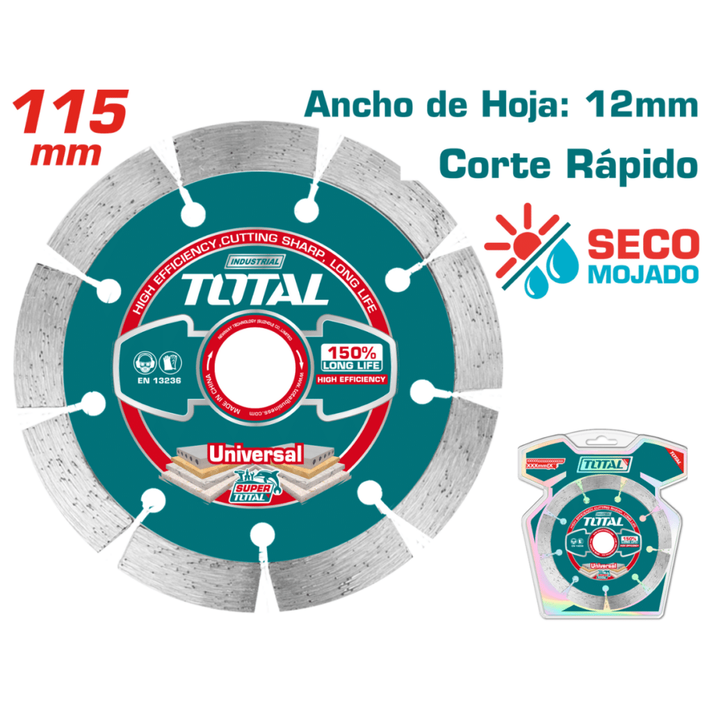 DISCO DIAMANTADO SEGMENTADO 4.5″ 115MMX22.2MM HOJA:12MM HUMEDO/SECO  TOTAL- TAC21111512