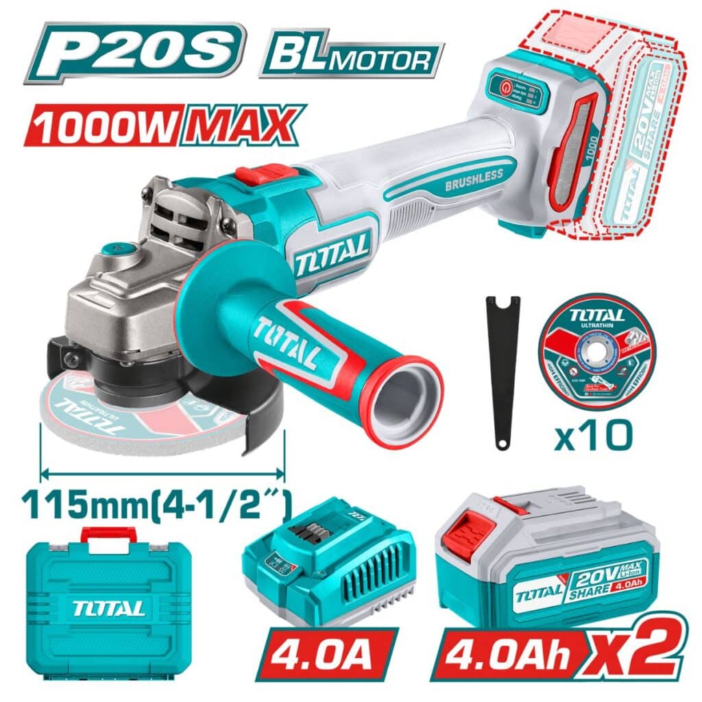 AMOLADORA 4.5″ 1000W/MAX 20V BRUSHLESS3000-9000PRM 115MM M14  2X4.0AH INDUSTRIAL TOTAL – TAGLI271532