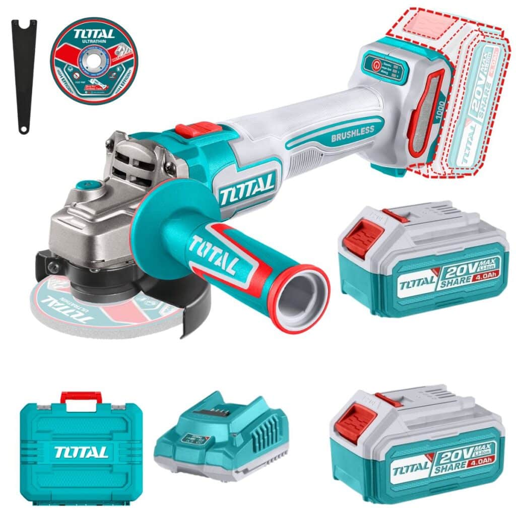 AMOLADORA 4.5″ 1000W/MAX 20V BRUSHLESS3000-9000PRM 115MM M14  2X4.0AH INDUSTRIAL TOTAL – TAGLI271532