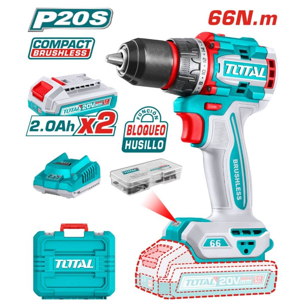 TALADRO COMPACTO 66NM BRUSHLESS 20V 13MM 22+1 2X2.0AH  INDUSTRIAL  TOTAL- TDLI20668