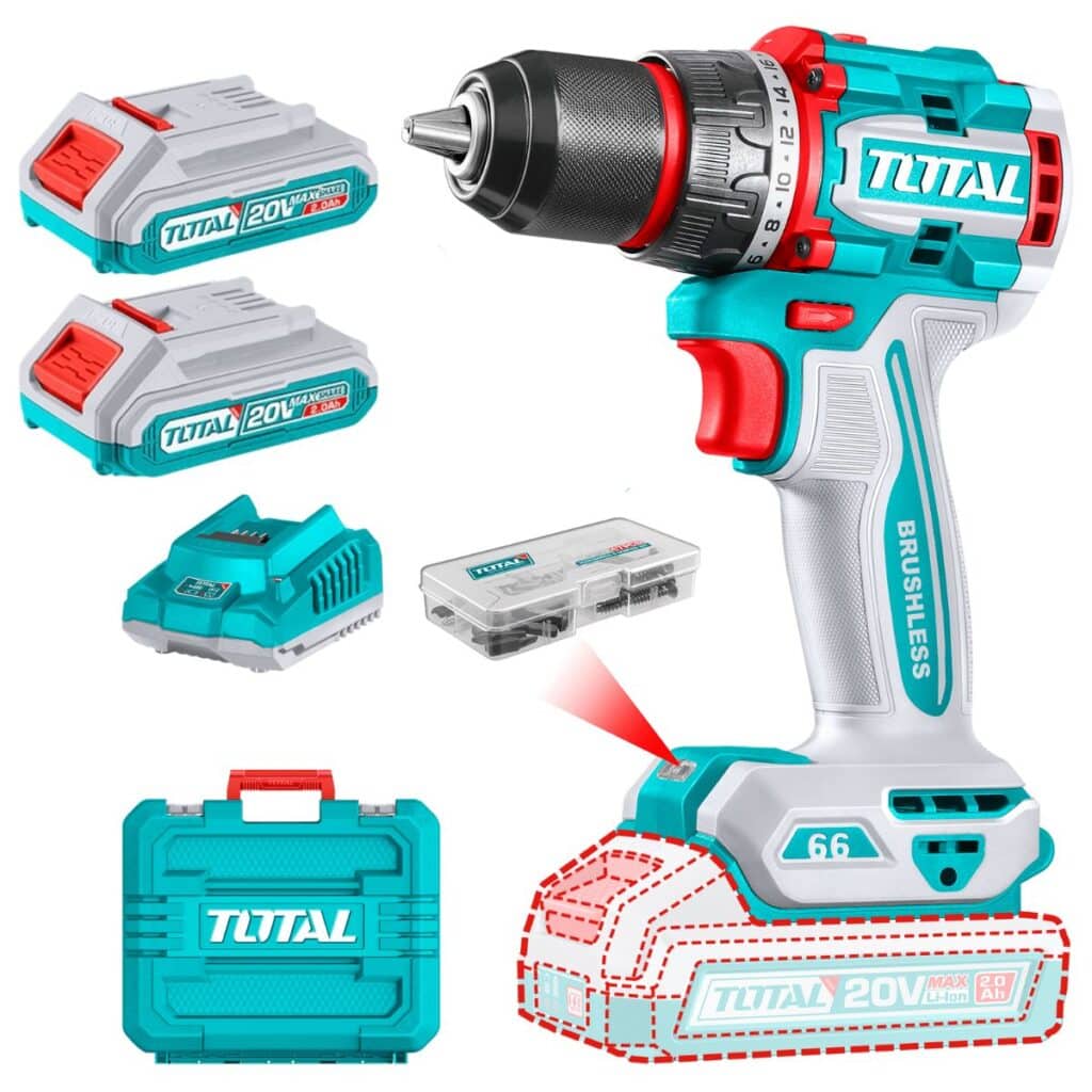 TALADRO COMPACTO 66NM BRUSHLESS 20V 13MM 22+1 2X2.0AH  INDUSTRIAL  TOTAL- TDLI20668