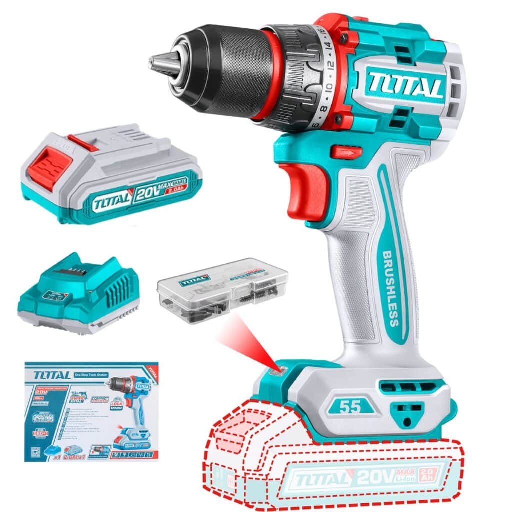 TALADRO COMPACTO 55NM 20V 13MM 22+1 1X2.0AH BRUSHLESS +ACC INDUSTRIAL  TOTAL- TDLI205582