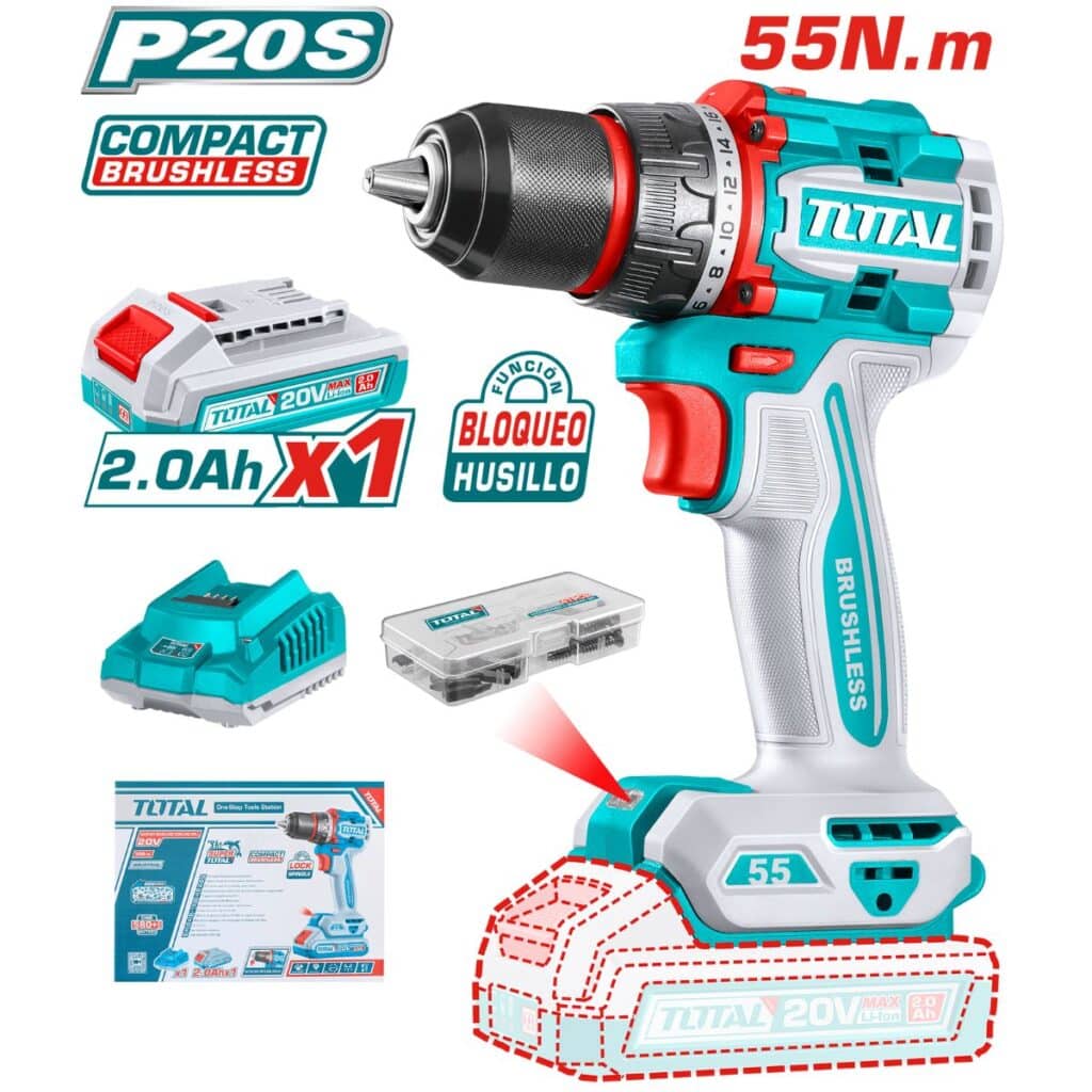 TALADRO COMPACTO 55NM 20V 13MM 22+1 1X2.0AH BRUSHLESS +ACC INDUSTRIAL  TOTAL- TDLI205582