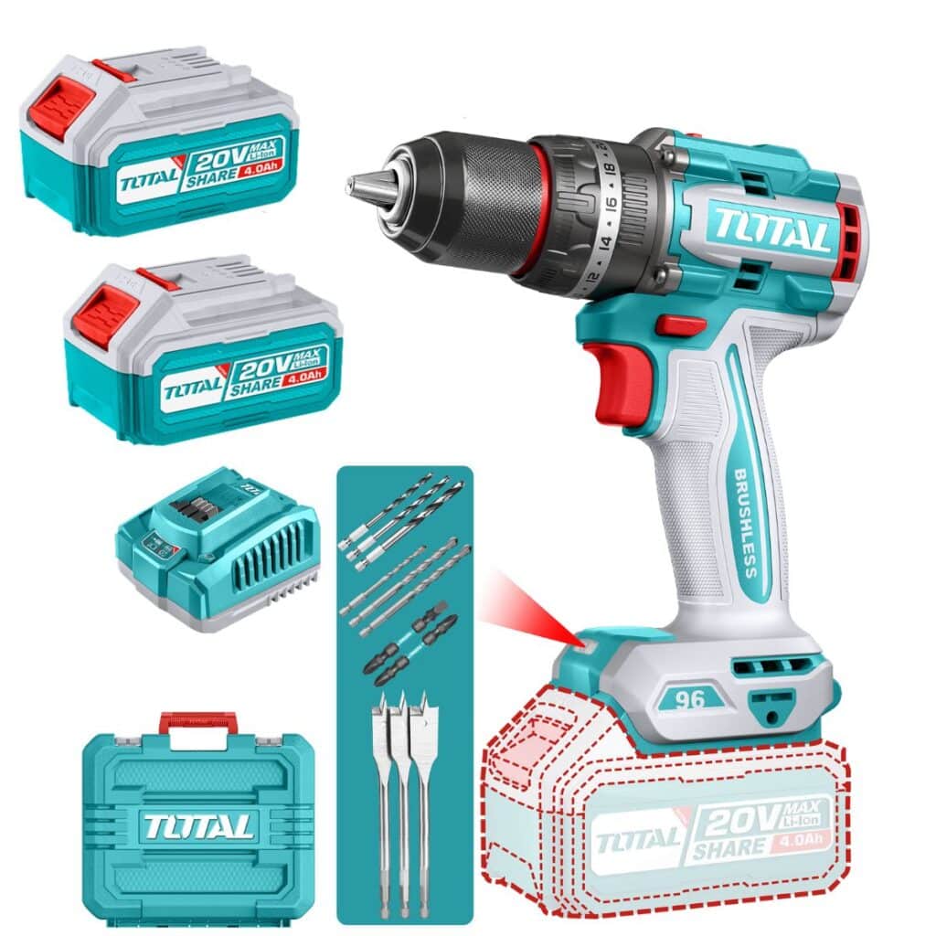 TALADRO PERCUTOR 96NM LI-ION 20V 13MM 2×4.0AH BRUSHLESS +ACC MALETIN  TOTAL- TIDLI20968