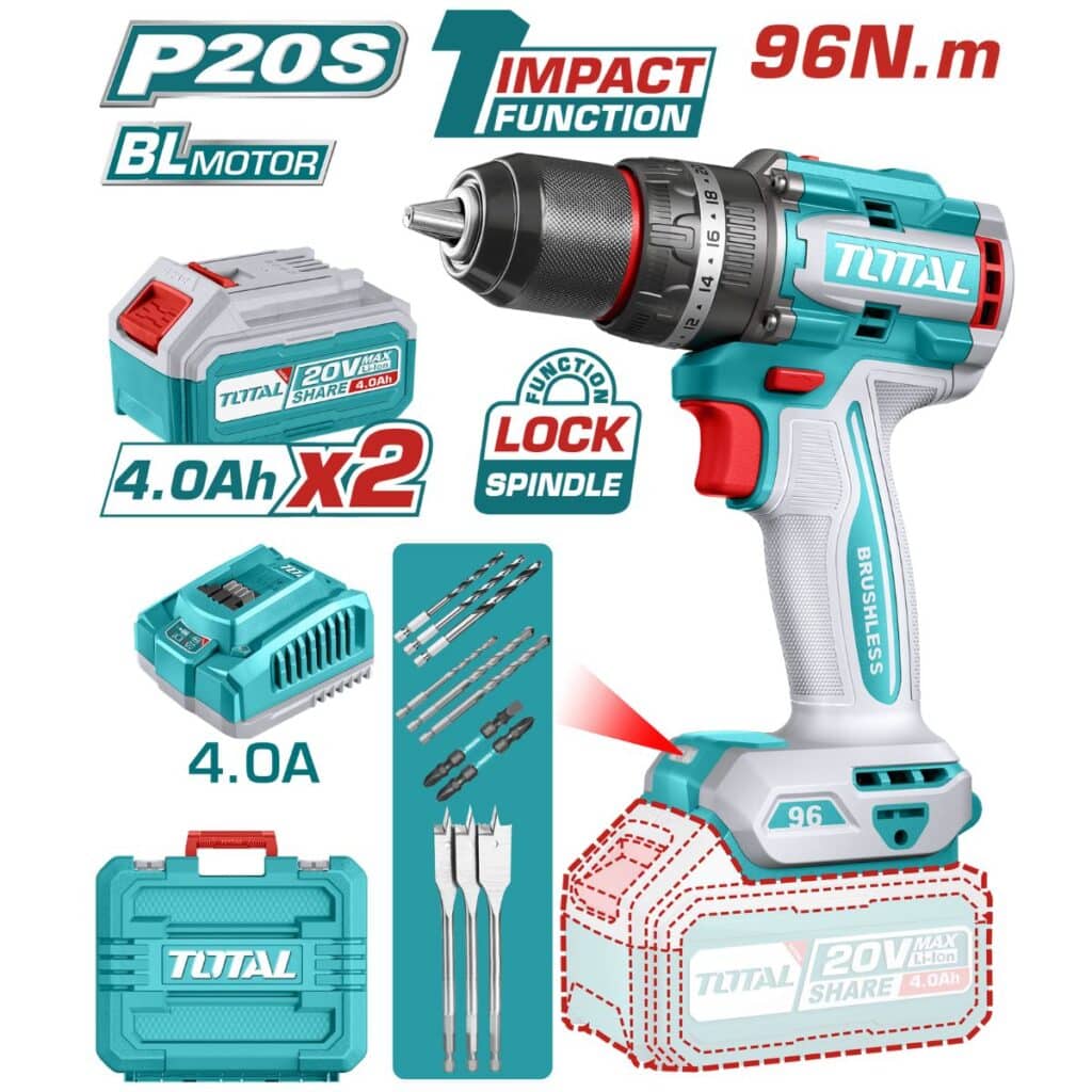 TALADRO PERCUTOR 96NM LI-ION 20V 13MM 2×4.0AH BRUSHLESS +ACC MALETIN  TOTAL- TIDLI20968