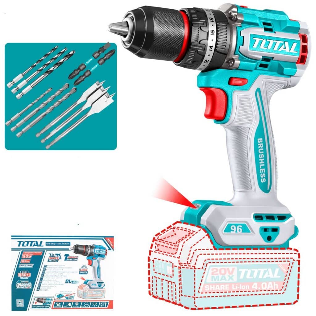 TALADRO PERCUTOR 96NM LI-ION 20V 13MM BRUSHLESS +ACC MALETIN INDUSTRIAL  TOTAL- TIDLI209681