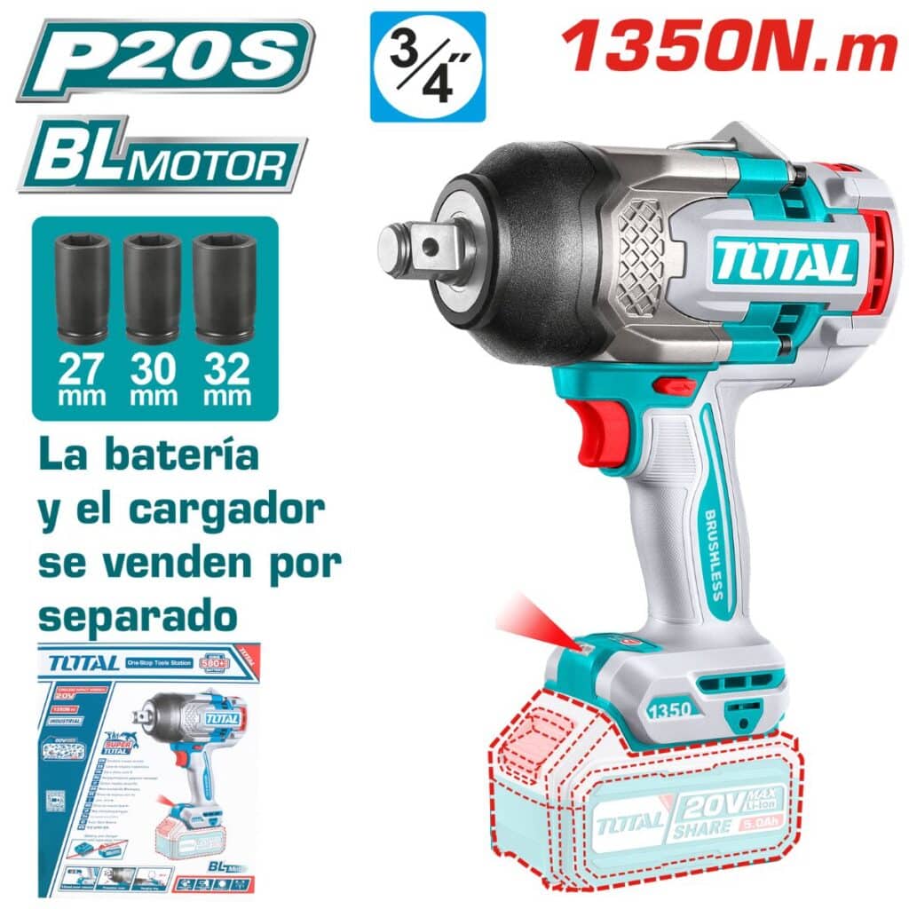 LLAVE DE IMPACTO 1350NM 3/4″ BRUSHLESS LI-ION 20V 2200BPM  MALETA TOTAL – TIWLI201351