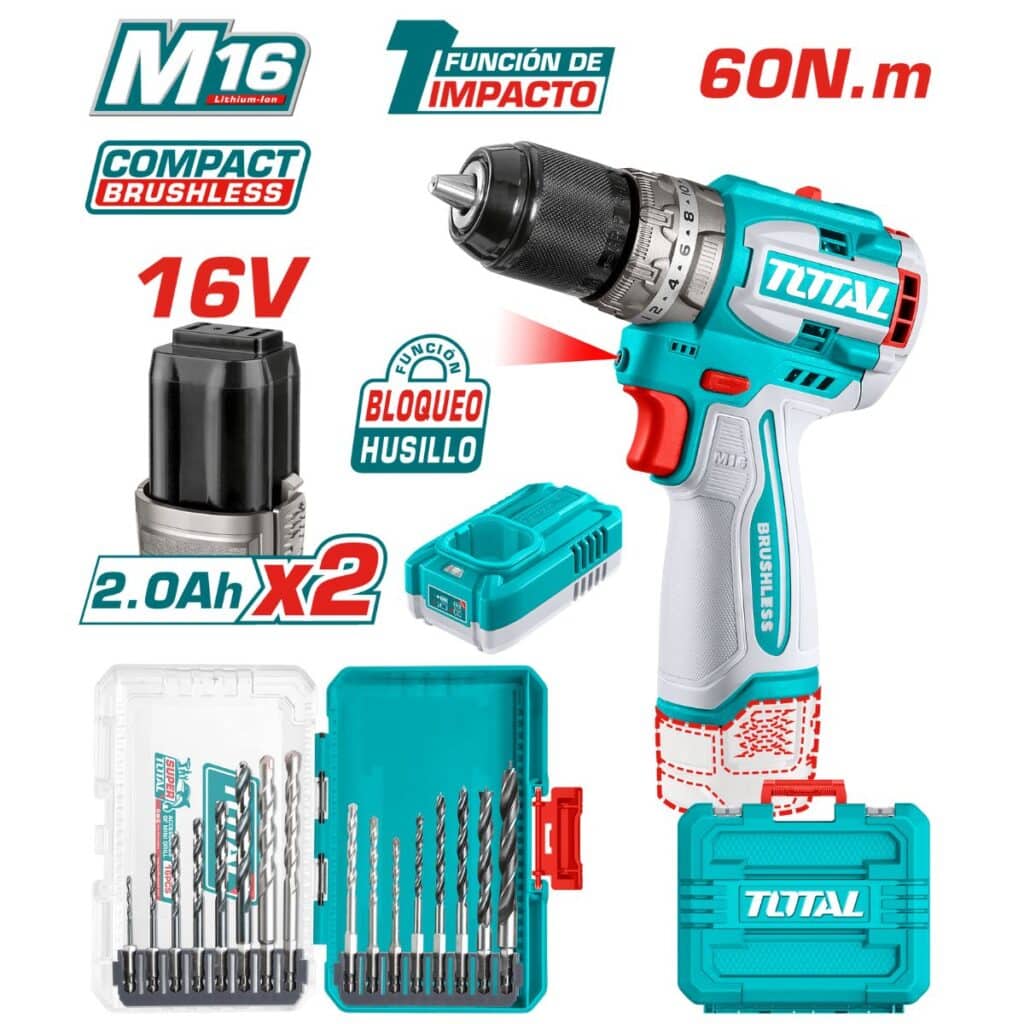 COMBO 2 EN 1 TALADRO 60NM V16COMPACTO 2X2.0AH + SET BROCAS MALETIN INDUSTRIAL – TOSLI241199