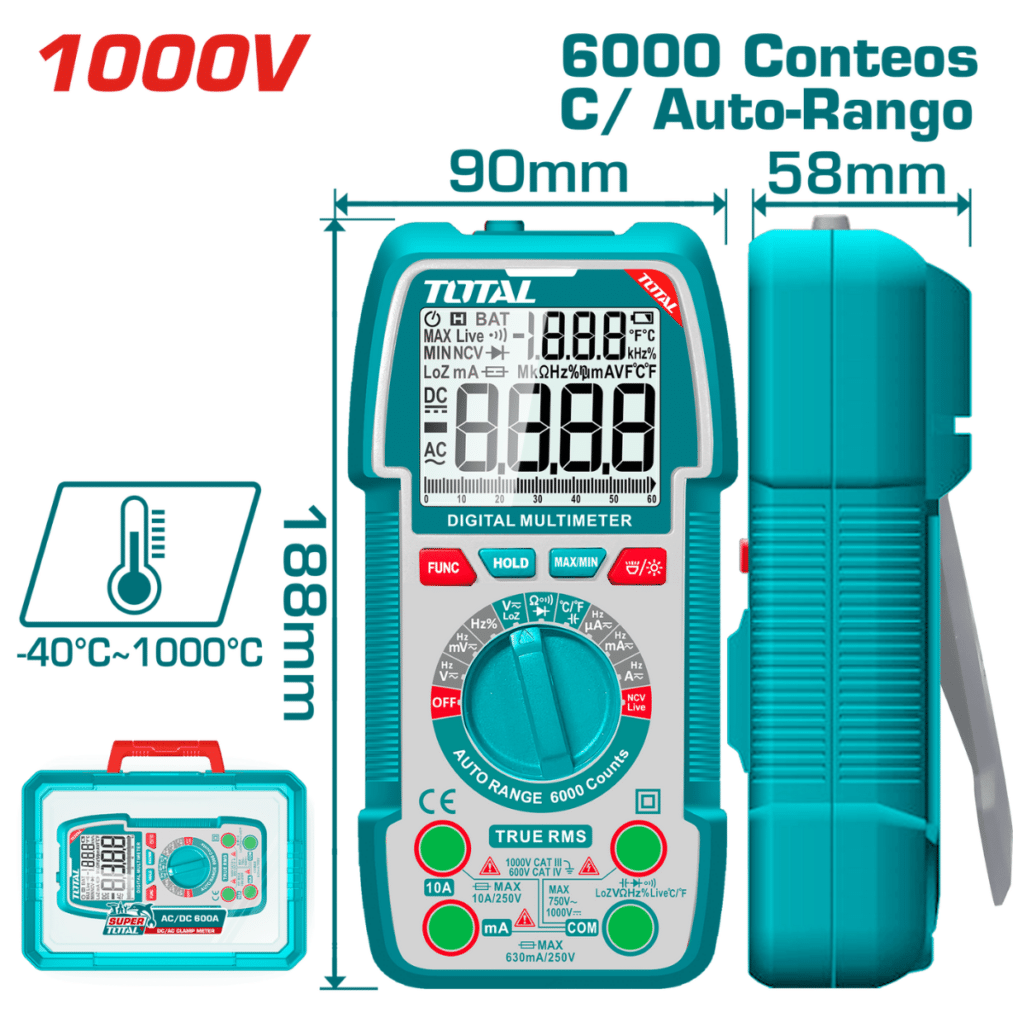 MULTIMETRO DIGITAL 20000 CONTEOS AUTORANGO 1000V MALETIN INDUSTRIAL TOTAL- TMT5410003