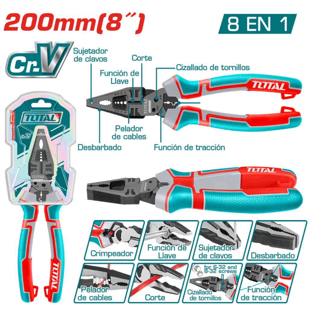 ALICATE DE COMBINACION 8» 200MM (8 EN 1) CR-V+TEFLON INDUSTRIAL TOTAL – THTMF186