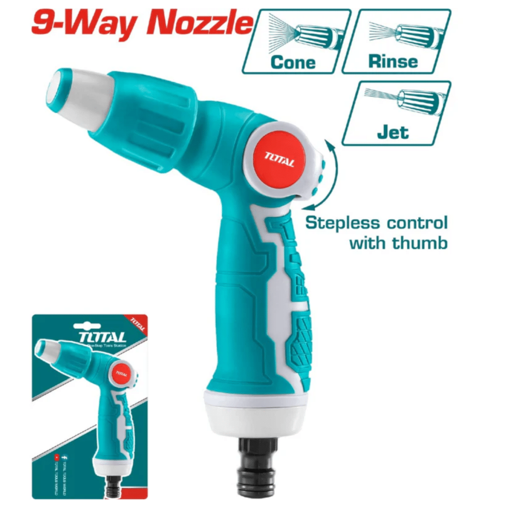 PISTOLA BOQUILLA PARA MANGUERA DE AGUA 3/4″ DE PLÁSTICO AJUSTABLE A 3 VIAS.  TOTAL- THWSG6031