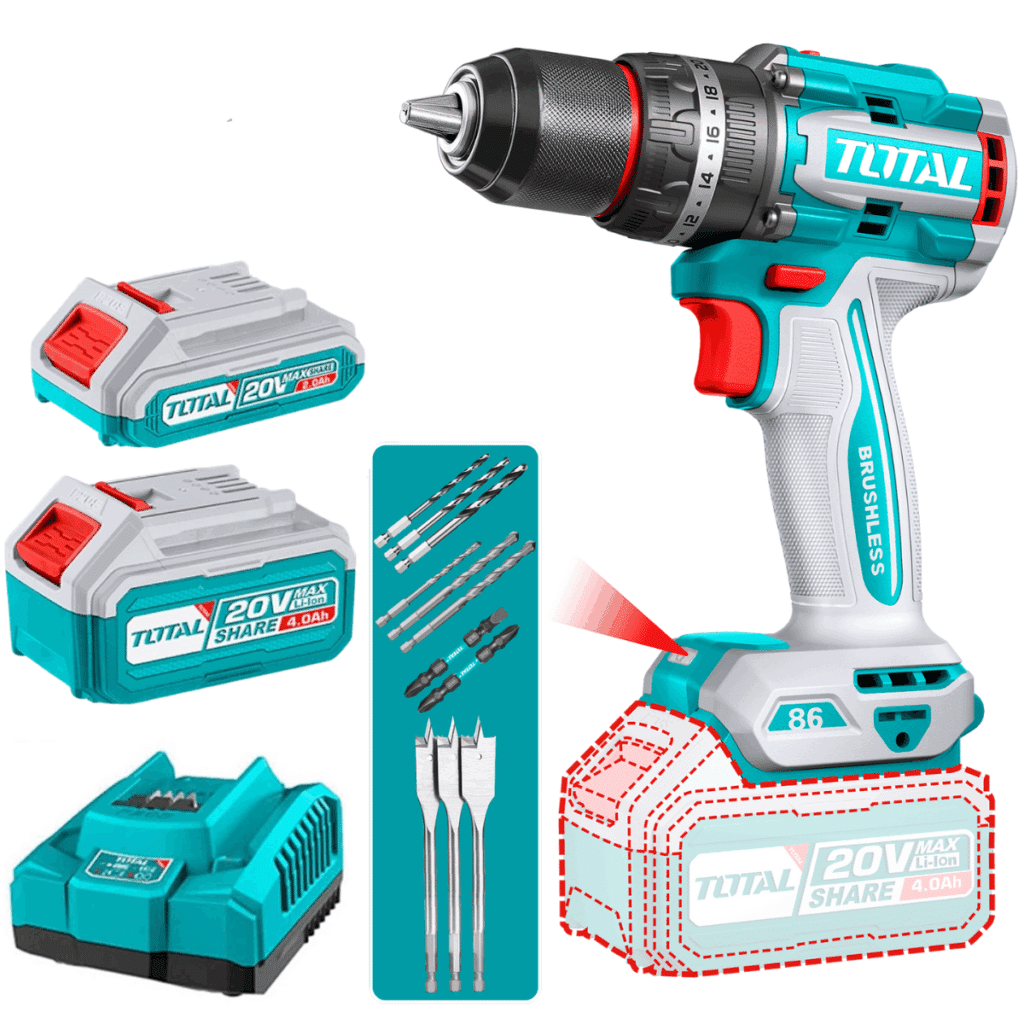 TALADRO PERCUTOR LI-ION 20V 86NM 13MM 2.AH + 4.0AH BRUSHLESS +ACC MAL TOTAL- TIDLI20868