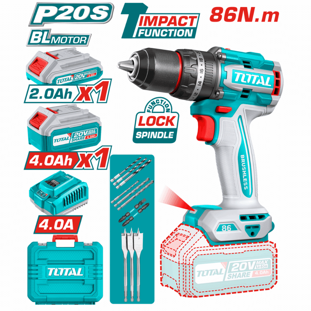 TALADRO PERCUTOR LI-ION 20V 86NM 13MM 2.AH + 4.0AH BRUSHLESS +ACC MAL TOTAL- TIDLI20868