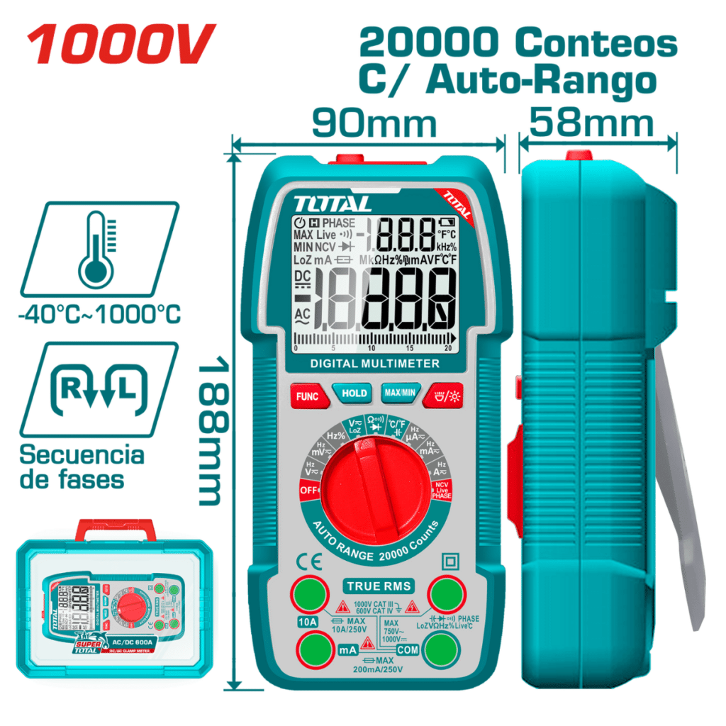 MULTIMETRO DIGITAL 20000 CONTEOS AUTORANGO 1000V MALETIN INDUSTRIAL  TOTAL- TMT5410003