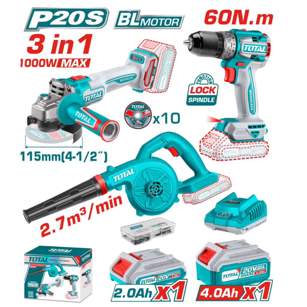 COMBO 3 EN 1 TALADRO 60NM + AMOLADORA 1000W + SOPLADORA 1X2.0AH + 1X4.0AH + ACC INDUSTRIAL – TOSLI241192