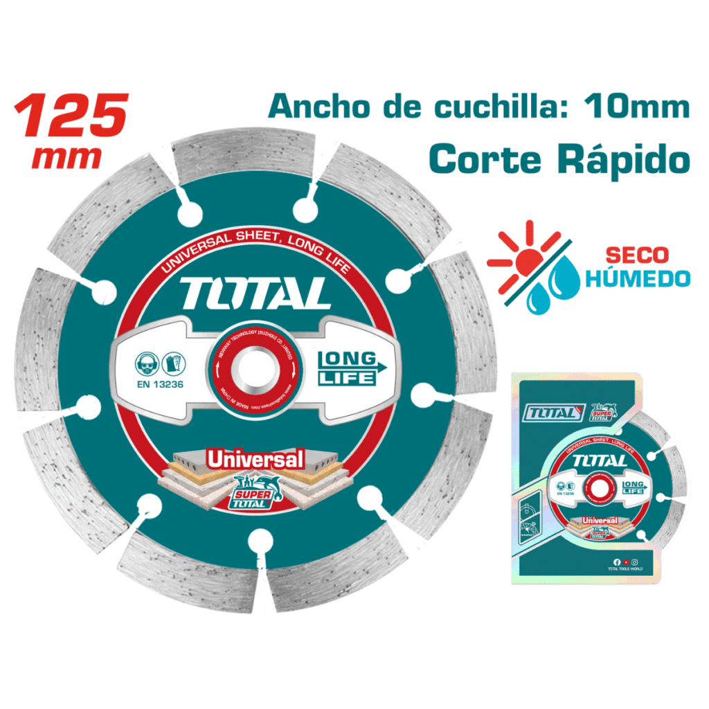 DISCO DIAMANTADO SEGMENTADO 5″ 125MMX22.2MM HOJA:10MM HUMEDO/SECO  TOTAL- TAC2111253