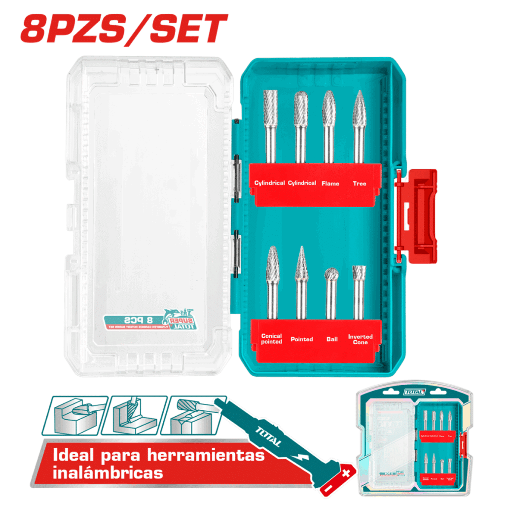 SET FRESAS DE CARBURO DE TUNGSTENO 8PCS 6MM + ESTUCHE INDUSTRIAL TOTAL- TACSDL10801