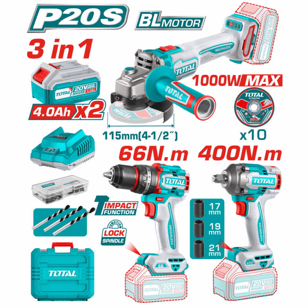 COMBO 3 EN 1 AMOLADORA + TALADRO + LLAVE DE IMPACTO 2X4.0AH + MALETIN INDU – TOSLI241291