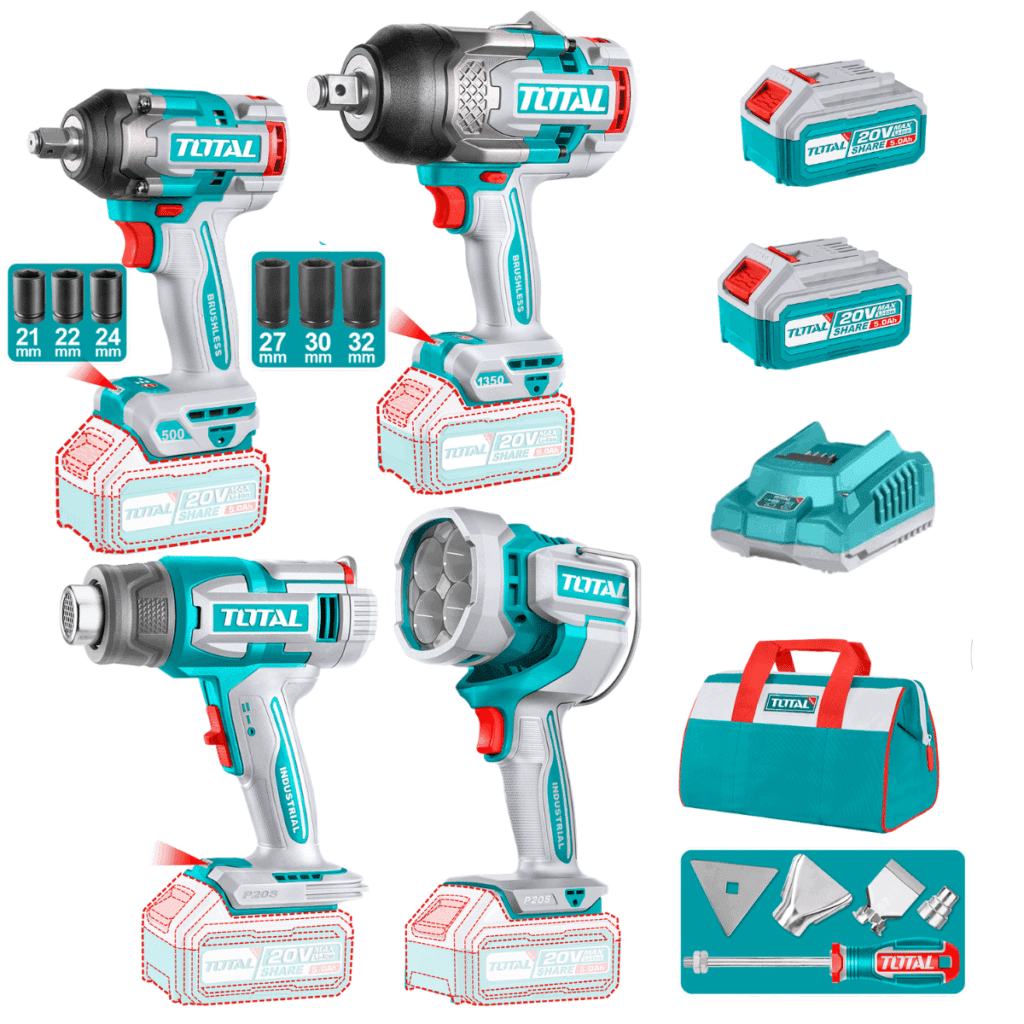 COMBO 4 EN 1 LLAVE IMPACTO + PISTOLA DE CALOR + LINTERNA + MALETIN 2X5.0AH – TOSLI241293