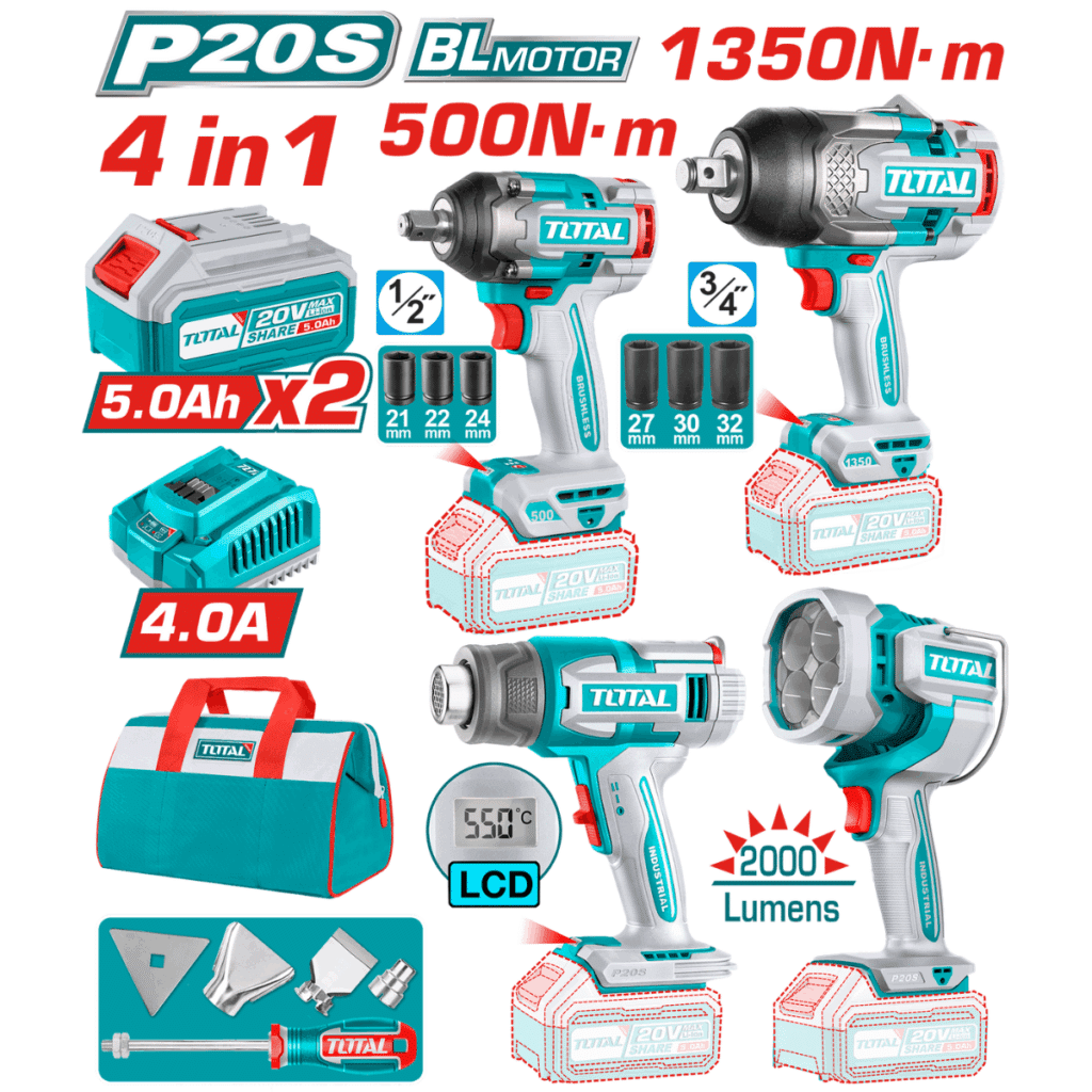 COMBO 4 EN 1 LLAVE IMPACTO + PISTOLA DE CALOR + LINTERNA + MALETIN 2X5.0AH – TOSLI241293