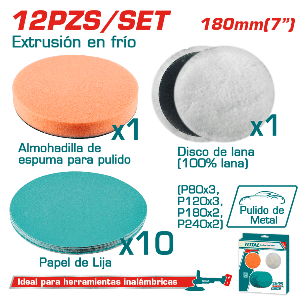 SET DISCOS DE PULIDO ALGODO+ESPUMA D:180MM 12PCS INDUSTRIAL TOTAL – TAC18012