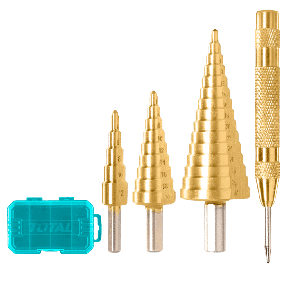 BROCA ESCALONADA SET 4PZS 1/4» HEX HSS 4341 4-12/4-20/4-32MM + MARCADOR METAL INDUSTRIAL TOTAL- TACSD2041