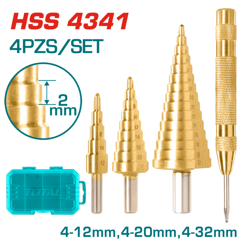 BROCA ESCALONADA SET 4PZS 1/4» HEX HSS 4341 4-12/4-20/4-32MM + MARCADOR METAL INDUSTRIAL TOTAL- TACSD2041