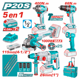 COMBO 20V (5 EN 1) TALADRO + LLAVE + AMOLADORA + ROTOMARTILLO + LINTERNA 2X4.0AH INDUSTRIAL TOTAL - TCKLI20592