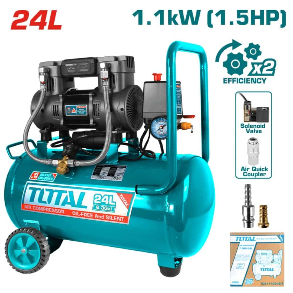 COMPRESORA 24 LITROS OIL-FREE 1.5HP 67DB 8BAR 3400RPM – TCS1110242-5
