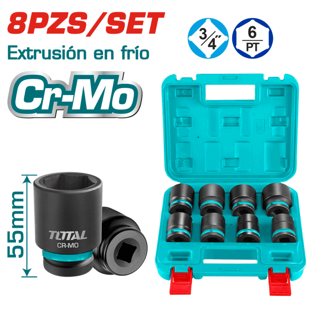 SET DADOS IMPACTO CORTO 3/4 PULG 8PCS 26-38MM CR-MO MALETIN INDUSTRIAL TOTAL- THKISD34081