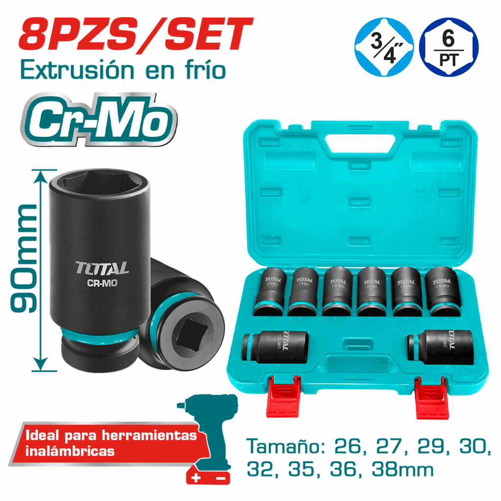 SET DADOS IMPACTO LARGO 3/4 PULG 8PCS 26-38MM CR-MO MALETIN INDUSTRIAL TOTAL- THKISD34082L