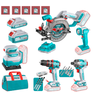 COMBO TALADRO+LLAVE IMPACTO + SIERRA+ LINTERNA + PULIDORA 20V 2.0AH + 4.0AH 5 EN 1 INDUSTRIAL TOTAL- TOSLI241081