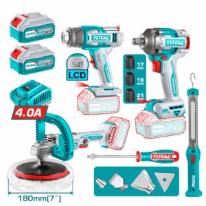 COMBO LLAVE IMPACTO + PISTOLA DE CALOR + PULIDORA 20V + LINTERNA +ACC 2X5.0AH MALETIN INDUSTRIAL TOTAL- TOSLI241182